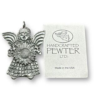 VINTAGE PEWTER Angel Holding Sunflower PENDANT ~ SIGNED MARCIE DECORATED Angel